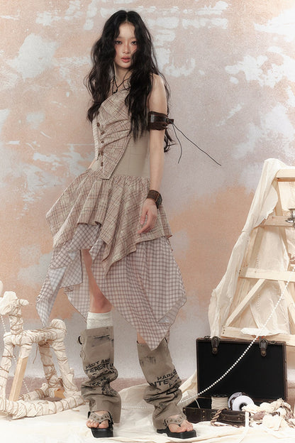 Plaid Asymmetrical Halter Dress