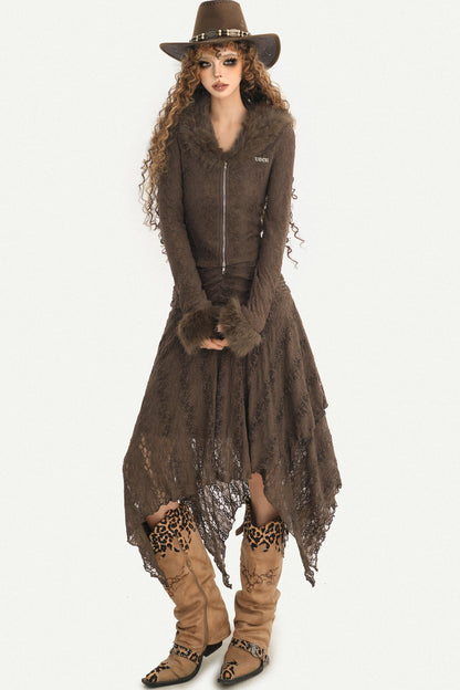 American Retro Fur Collar Knitted Cardigan and Skirt Set-Up