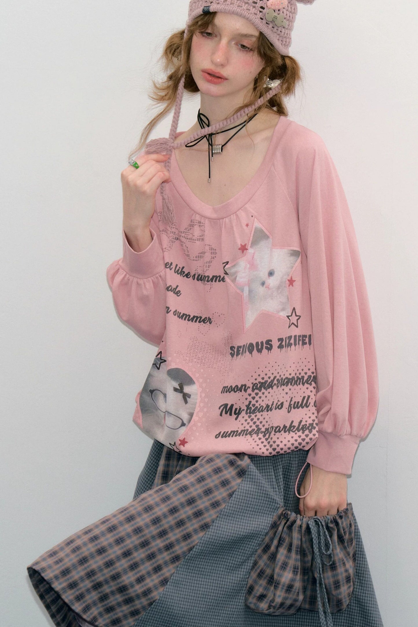 Tee-shirt rose à imprimé chat et manches lanterne