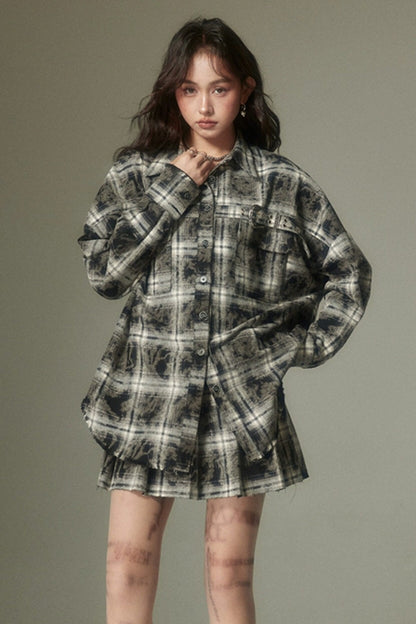 Plaid Shirt and Pleated Skirt Set-Up