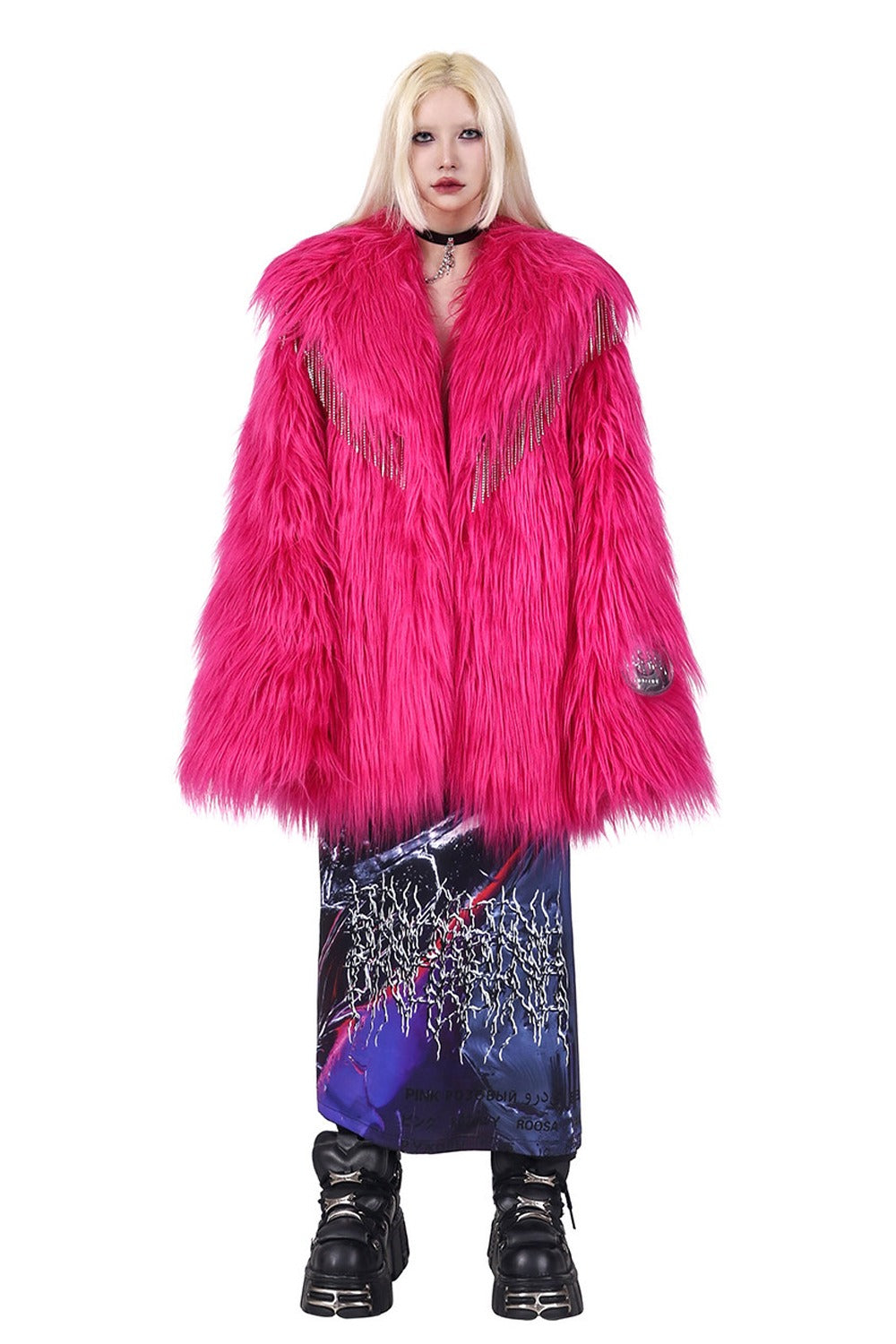 Pink Rhinestone Fringe Fur Jacket