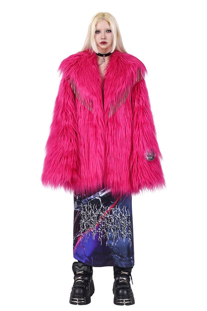 Pink Rhinestone Fringe Fur Jacket