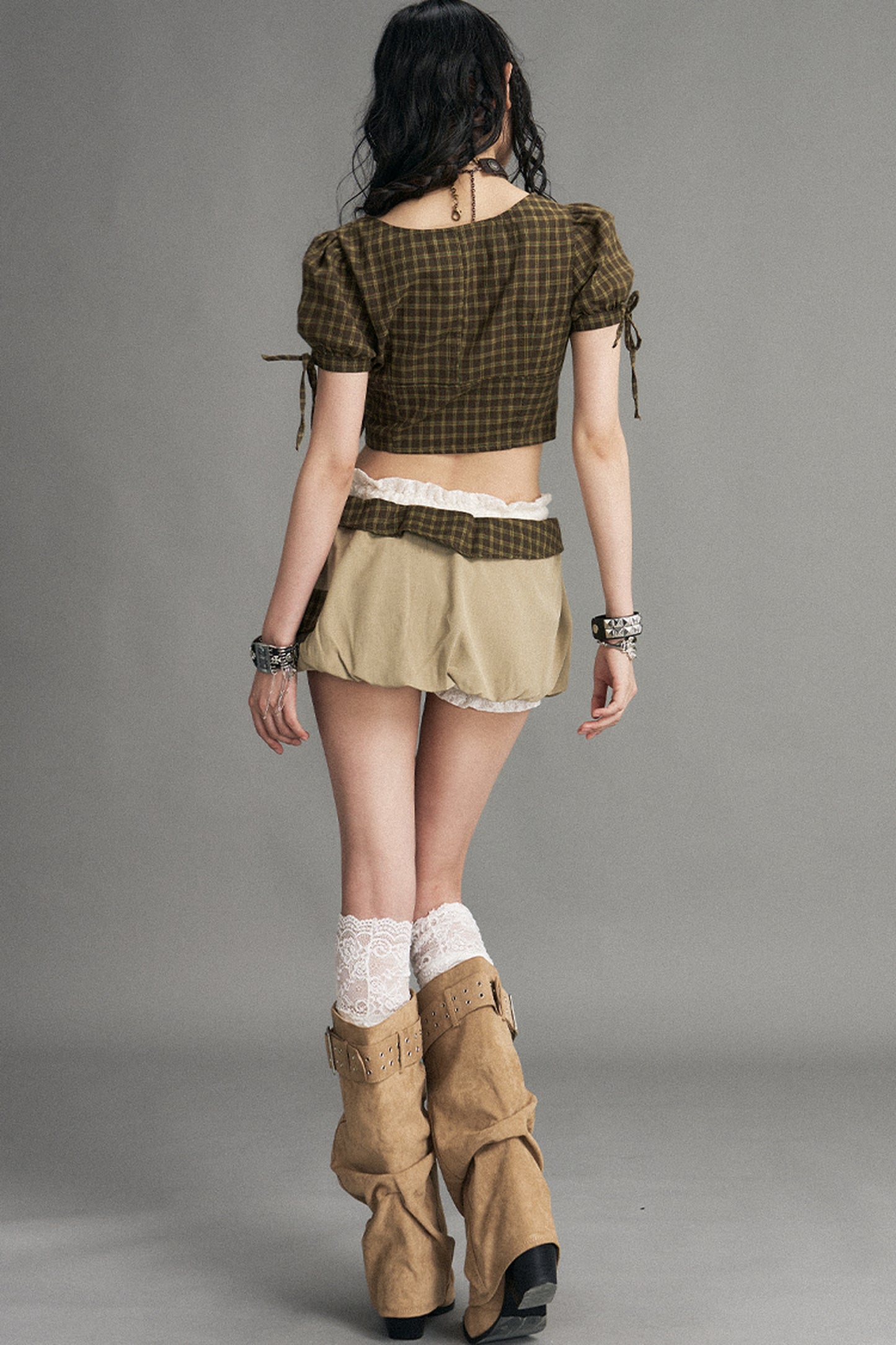 Retro Plaid Puff Sleeve Blouse