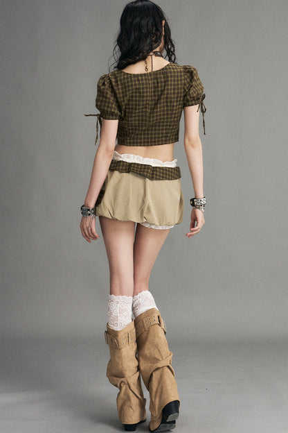 Retro Plaid Puff Sleeve Blouse