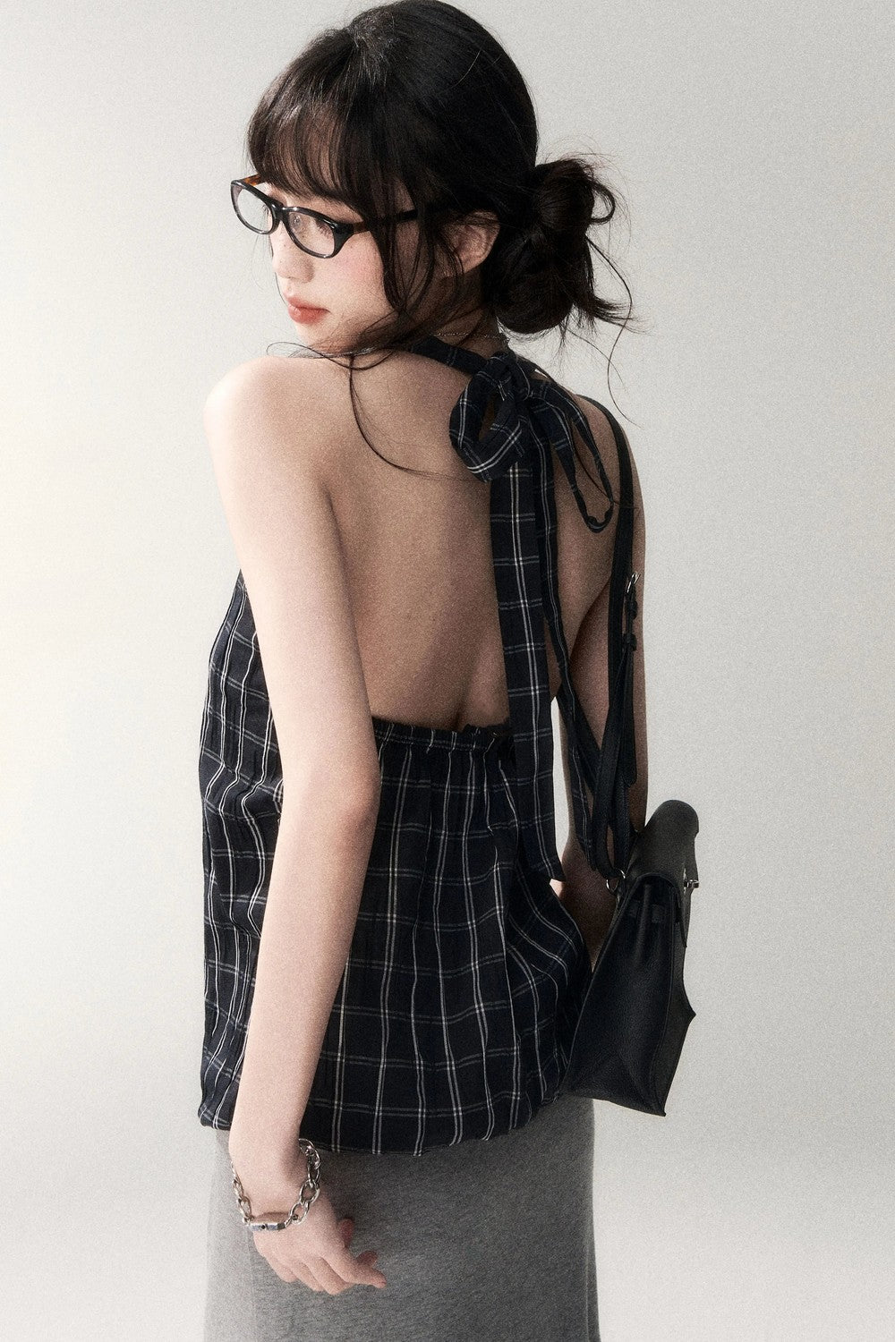 Textured Cotton Plaid Halter Camisole