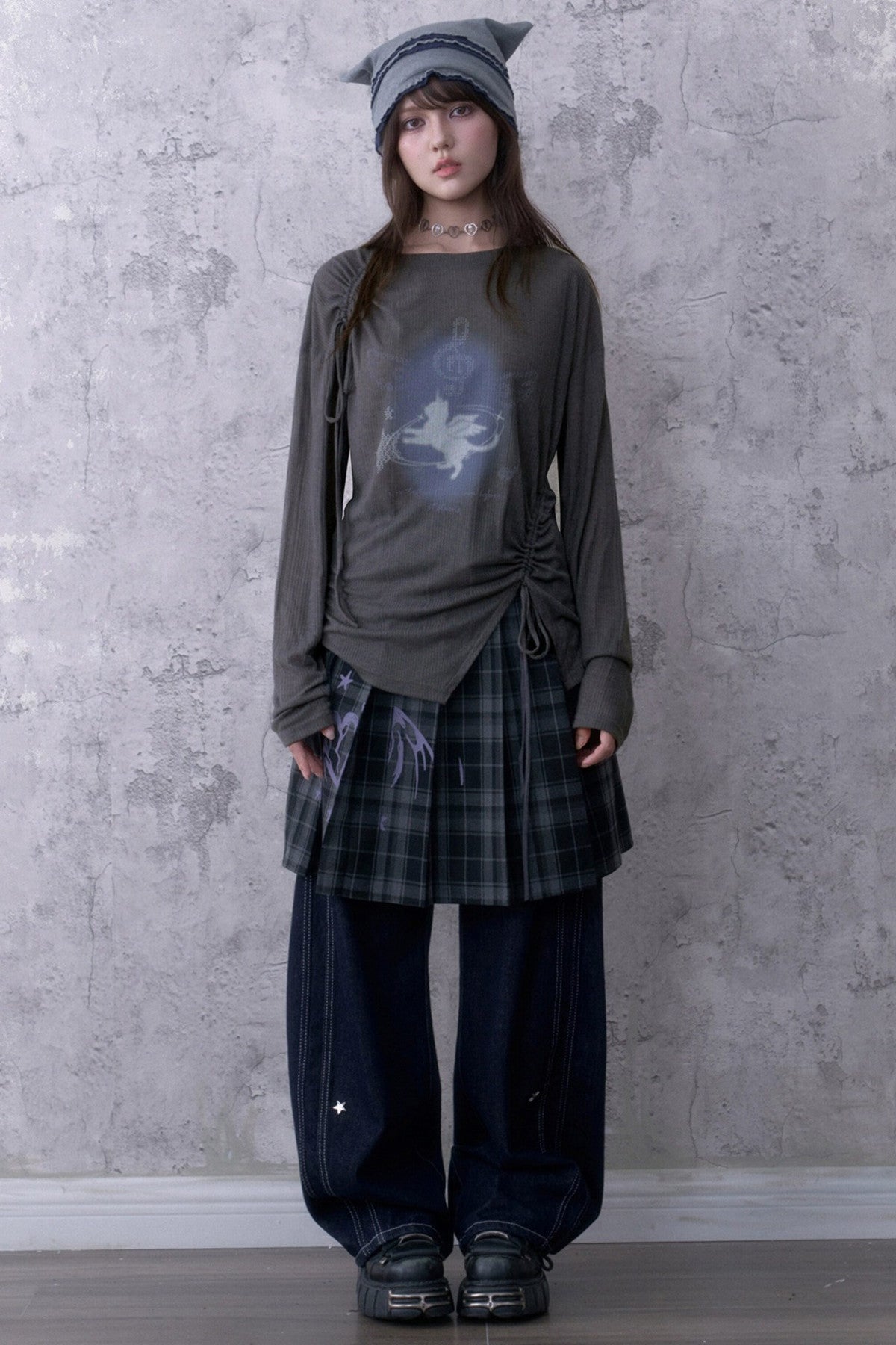 Gray Unicorn Drawstring Irregular T-shirt