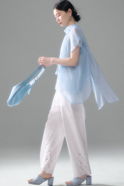 Sheer Blue Lace Ribbon Short Sleeve Top