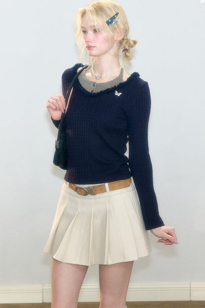 Layered-Look Frayed Knit Top