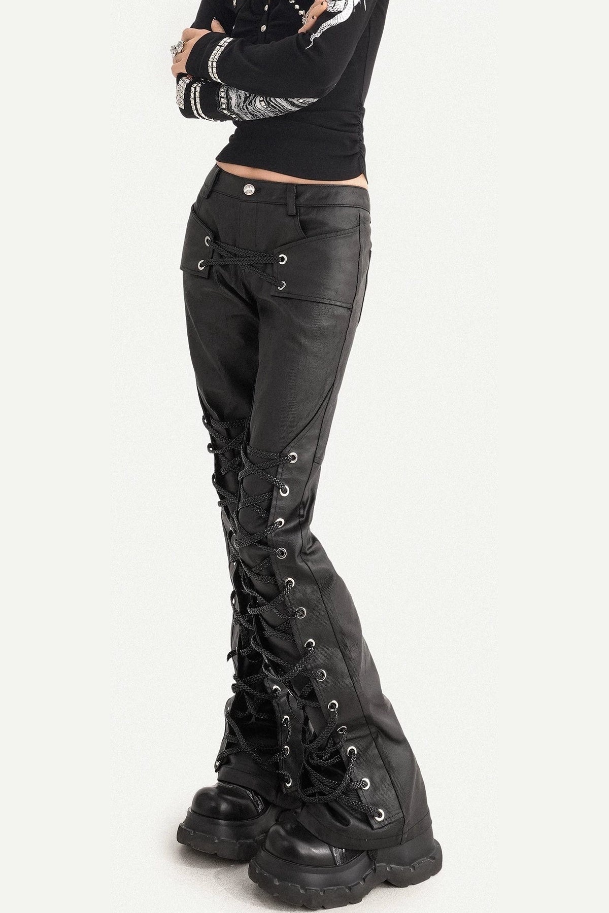 Punk Style Lace-Up Leather Pants