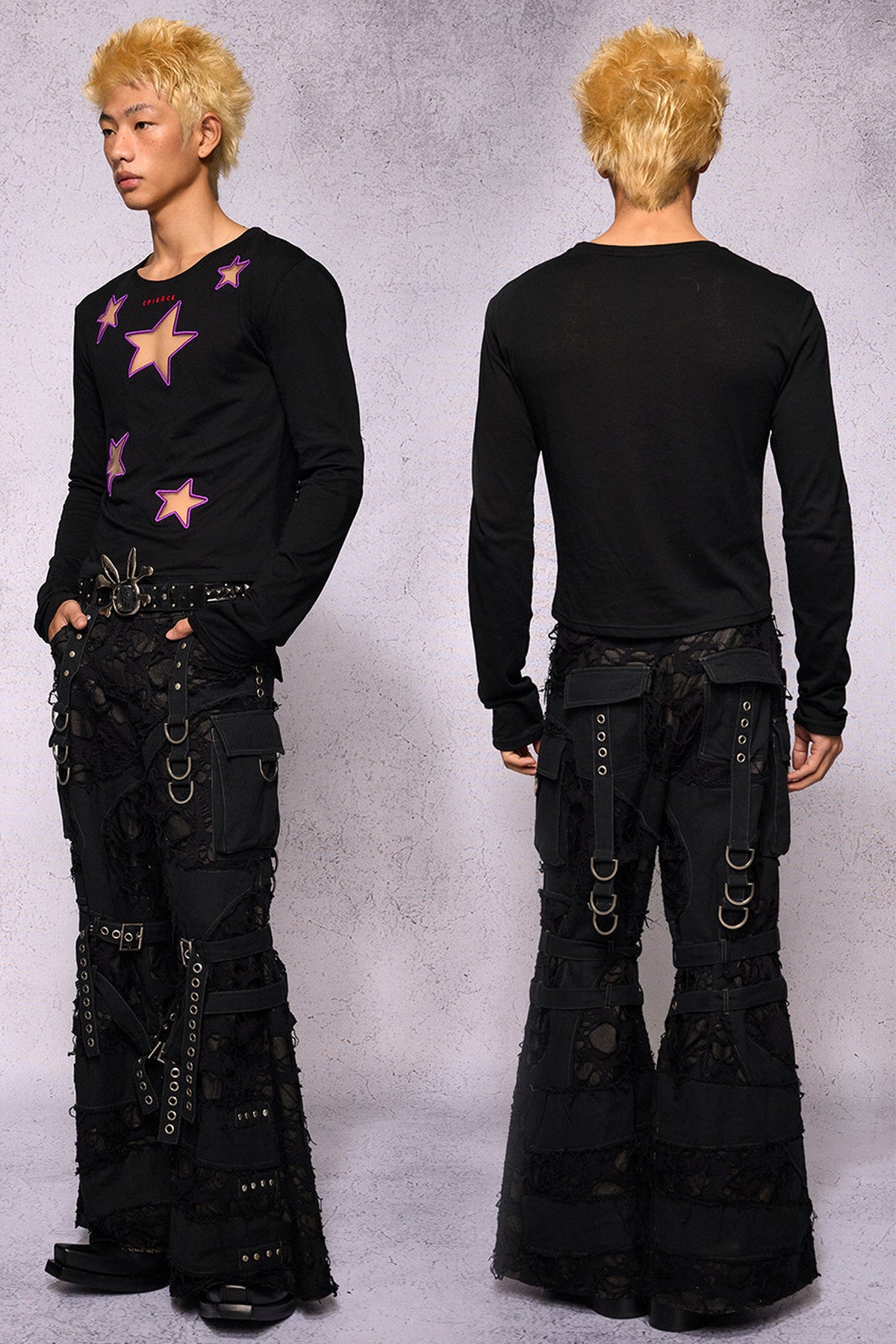 Star Hollow Mesh Embroidery Long-Sleeved Top
