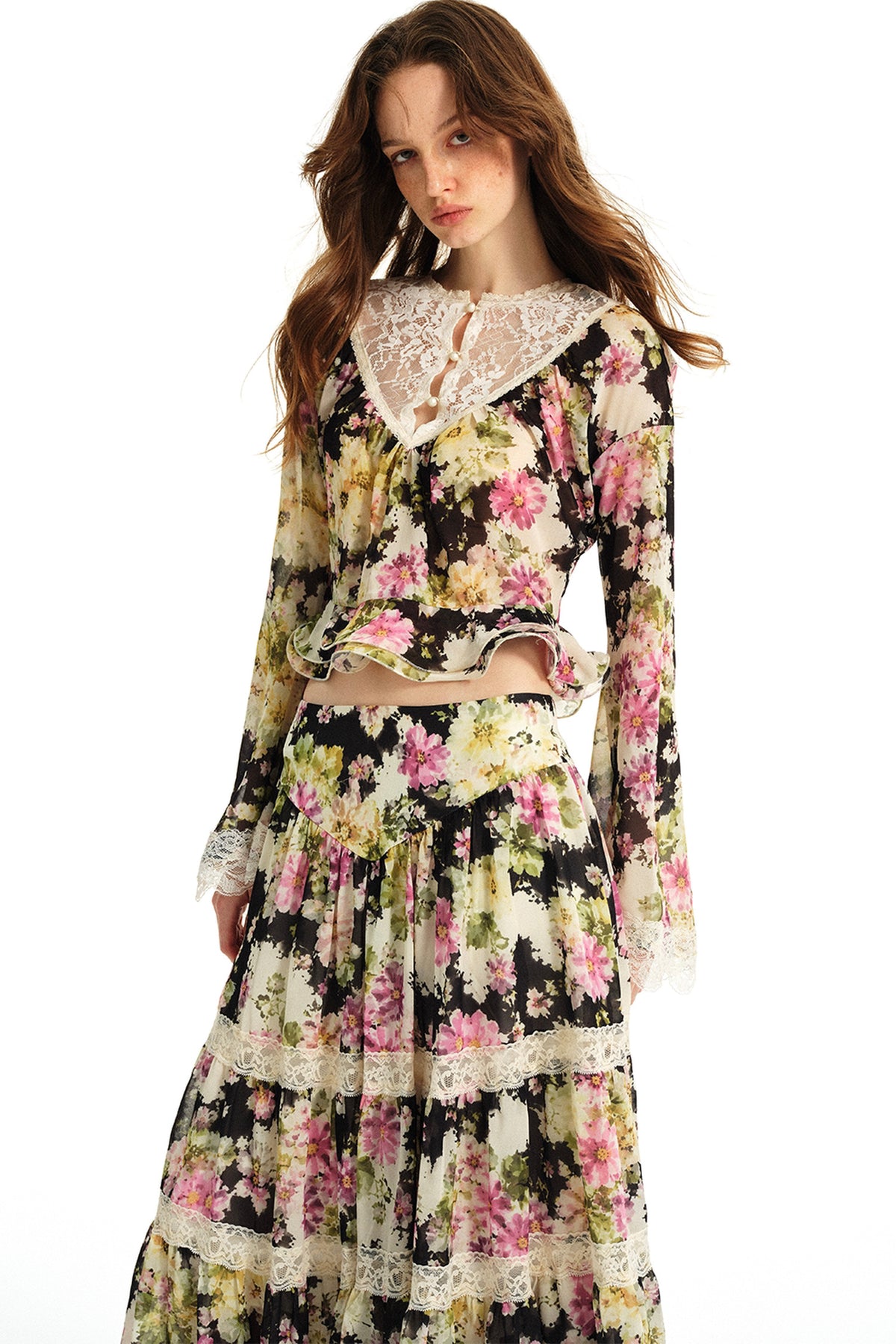 Reversible Floral Chiffon Top and Lace Skirt Set-Up
