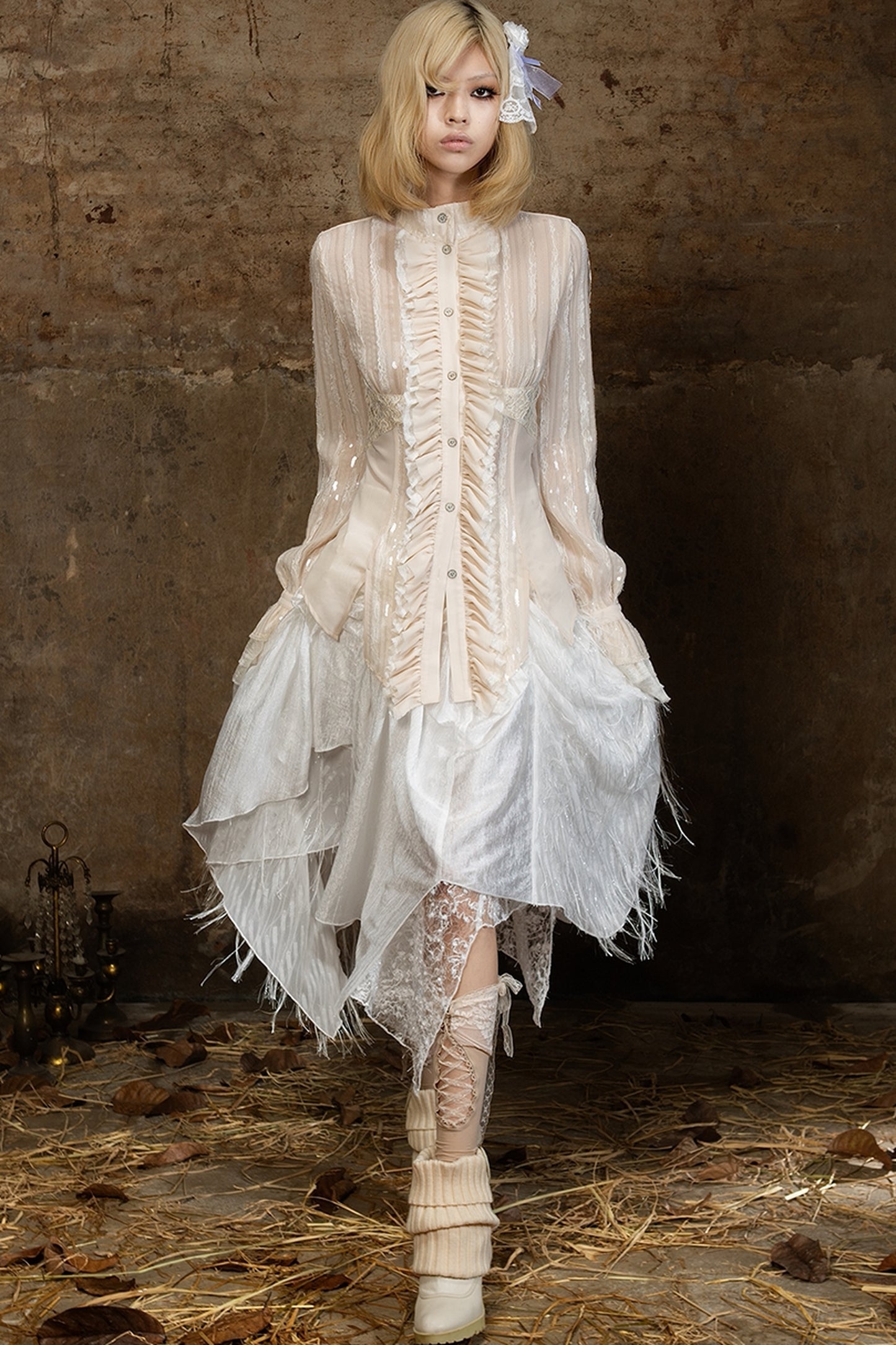 Lace Sequin Ruffle Gothic Shirt
