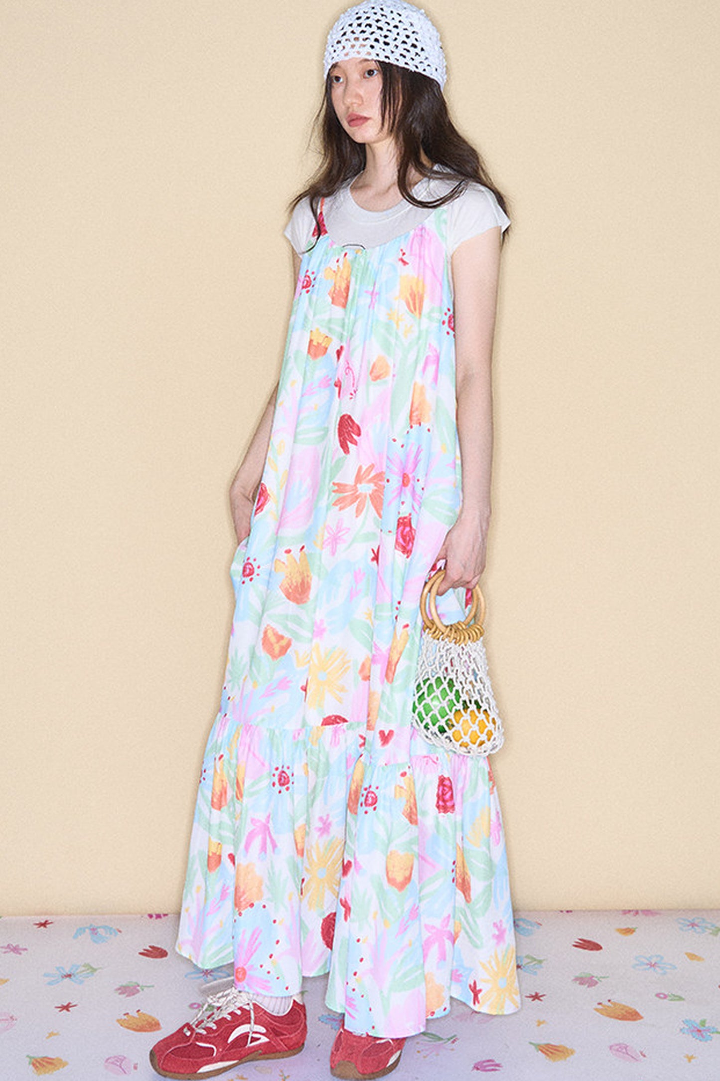 Hand-Painted Watercolor Flower Print Strap Dress