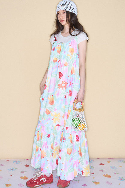 Hand-Painted Watercolor Flower Print Strap Dress