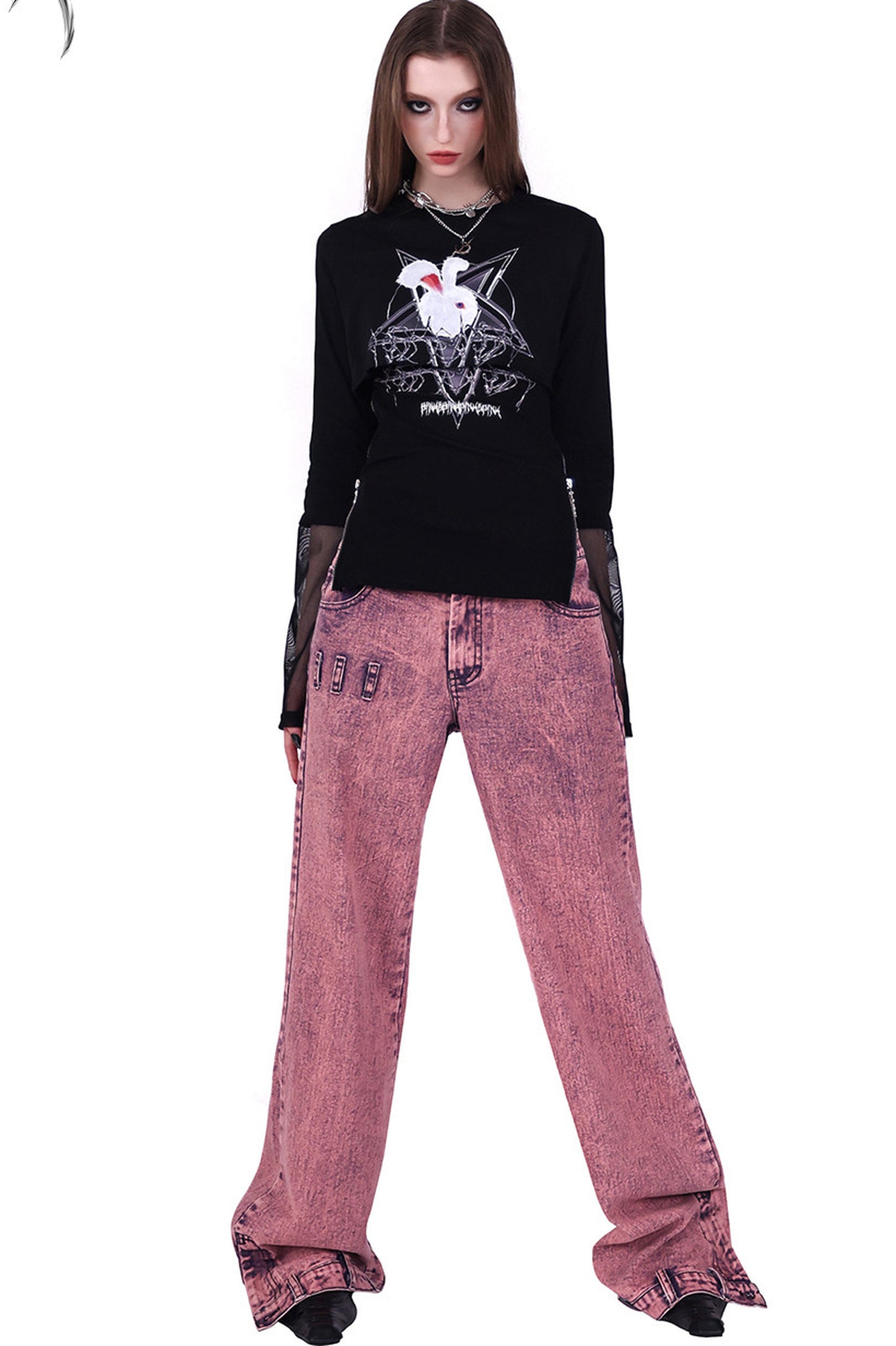Printed Rabbit Mesh Blouse Set