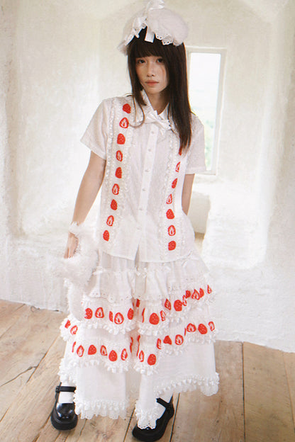 Strawberry Print Lace Tiered Skirt