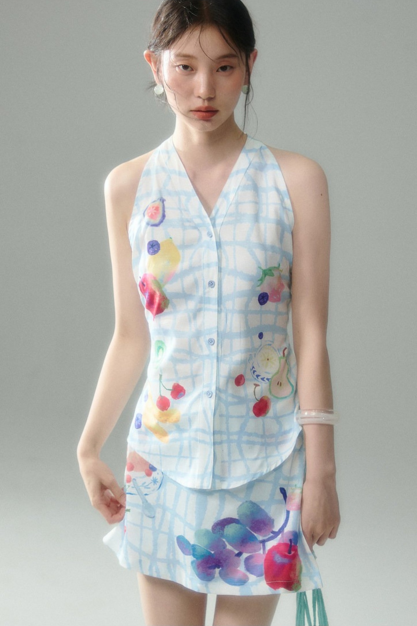 Fruit Print Halter Top and Skirt Set-Up