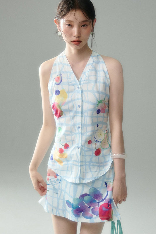 Fruit Print Halter Top and Skirt Set-Up