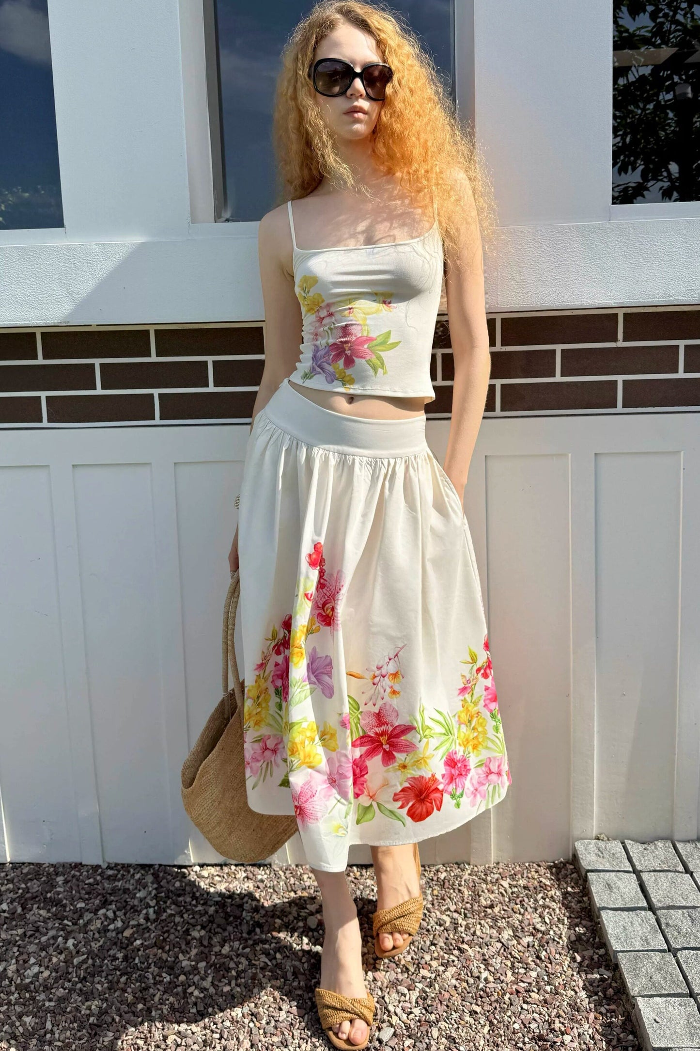 Retro Tencel Printed Camisole Skirt Set-Up