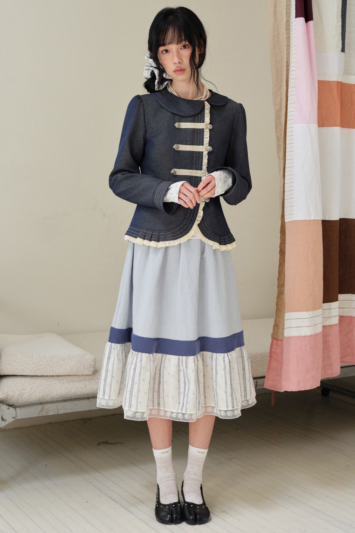 Collar Denim Lace Trim Jacket
