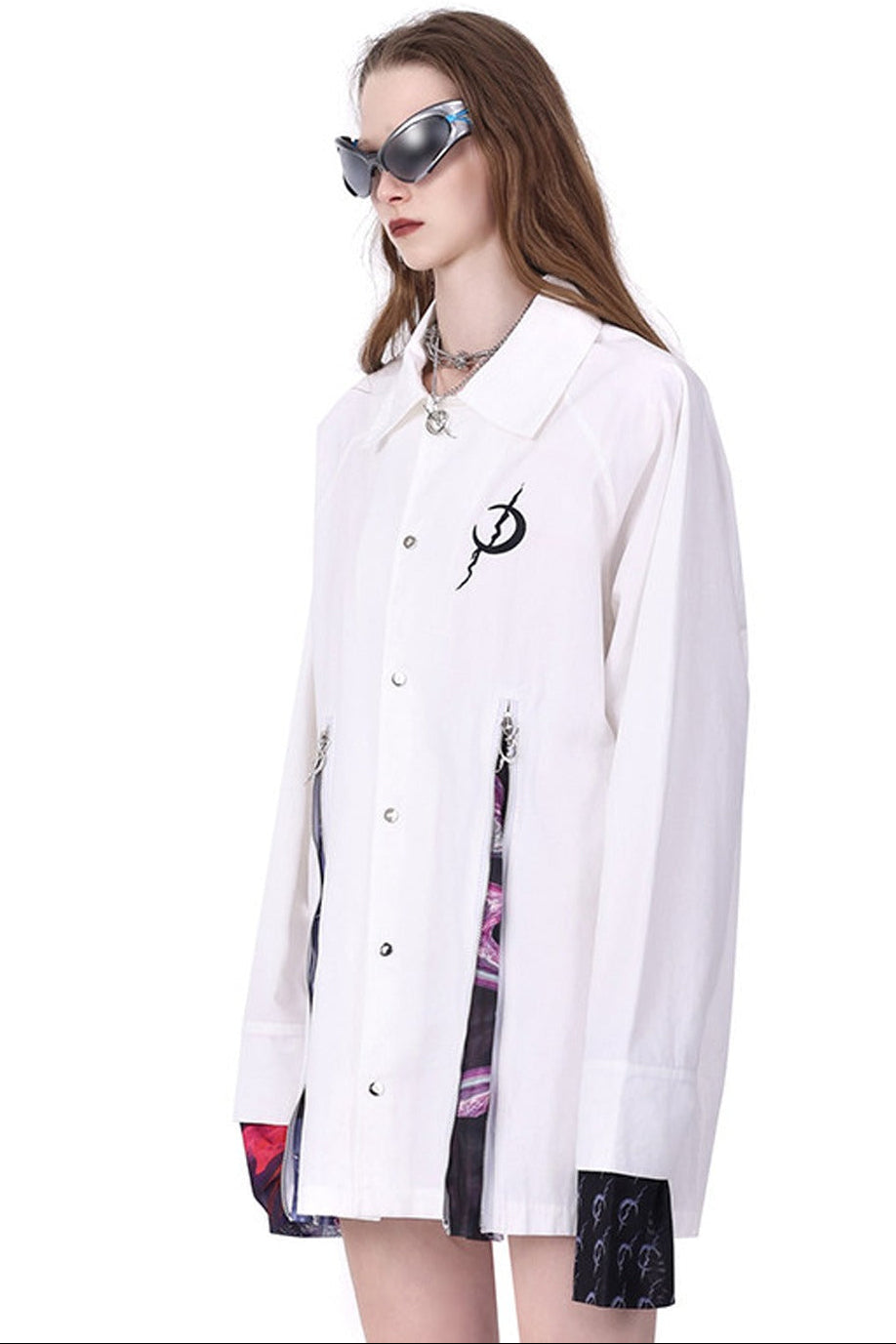 White Patchwork Zipper Slit Windbreaker