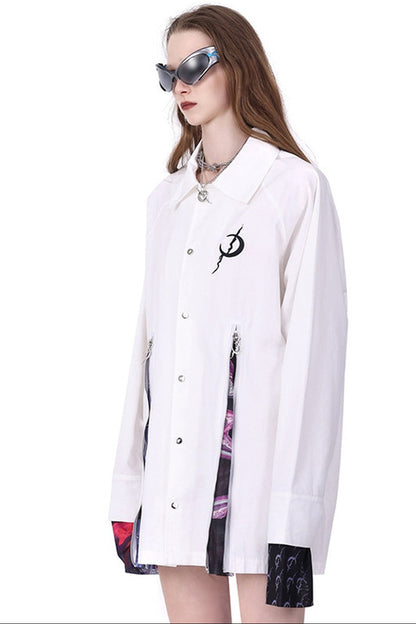 White Patchwork Zipper Slit Windbreaker
