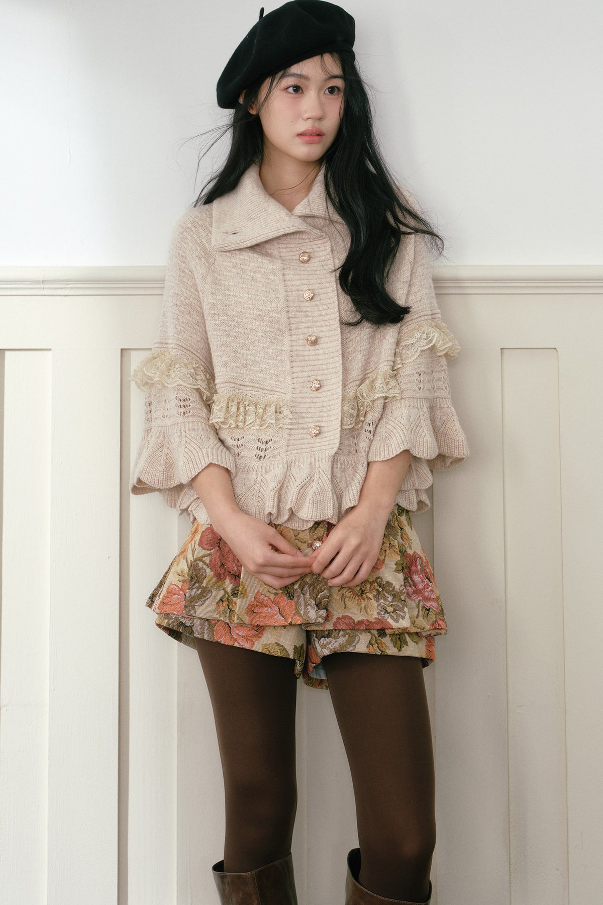 Oatmeal Ruffled Knit Cape Sweater