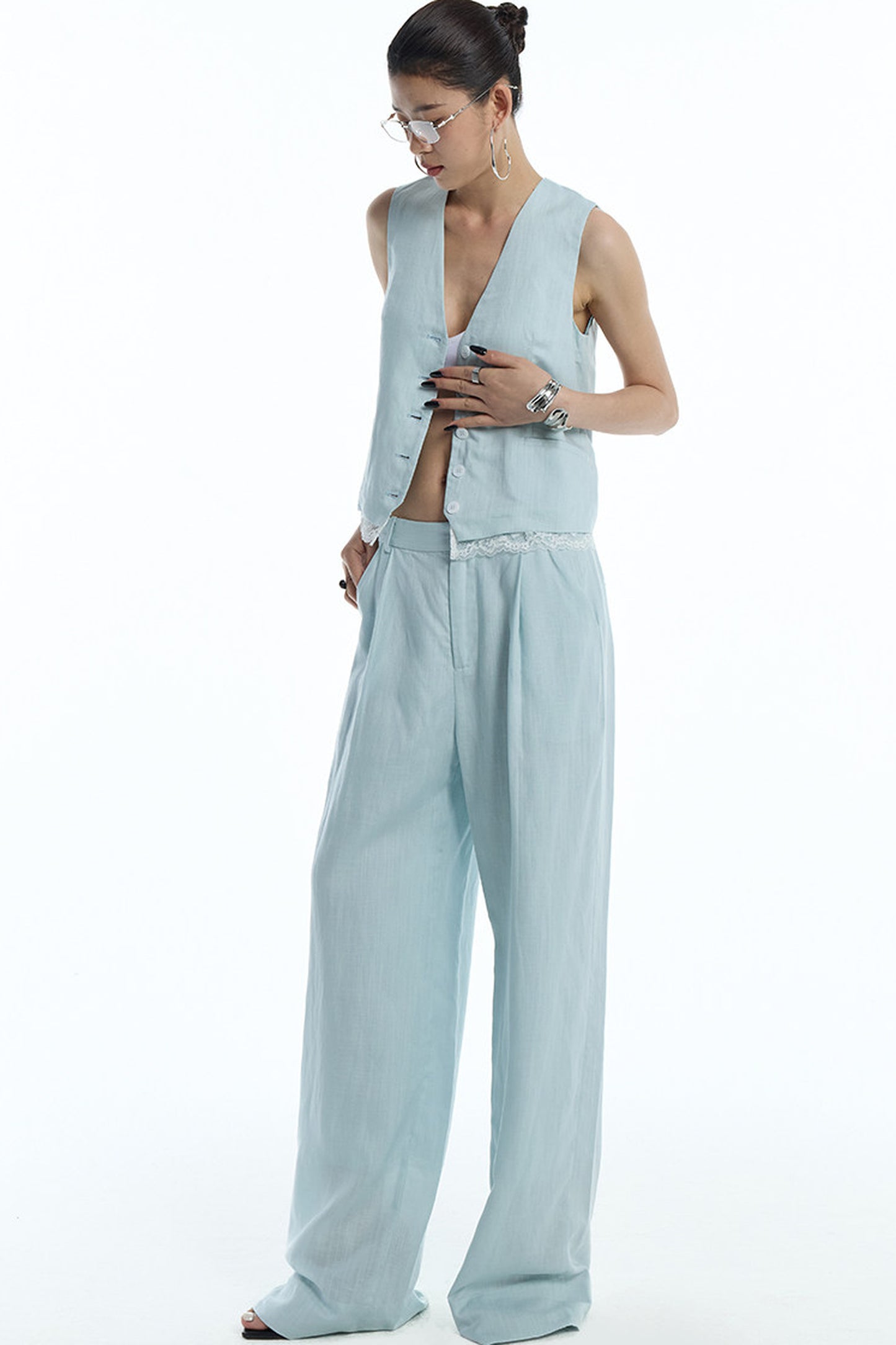 Mint Green Lyocell Cotton Linen Lace Vest and Pants Set-Up