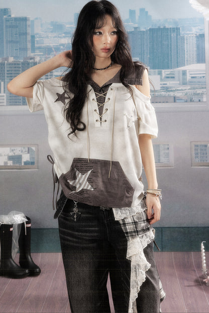 Short-Sleeved Hooded Drawstring Star Top