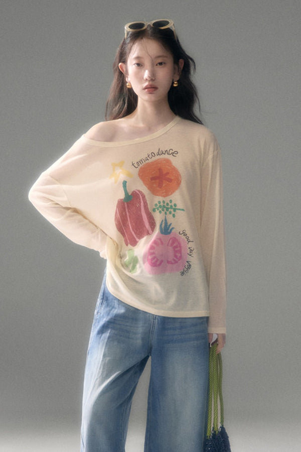 Long-Sleeve Fruit Vegetable Dog Print T-Shirt Set-Up