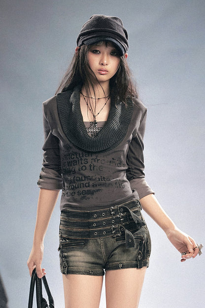 Punk Graffiti Rhinestone Lapel Knit Blouse