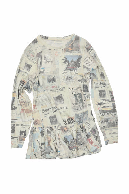 Cat Newspaper Print Waffle Long Sleeve Dress
