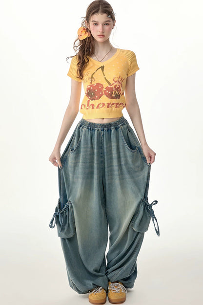 Retro-Jeanshose mit elastischem Bund und weitem Bein