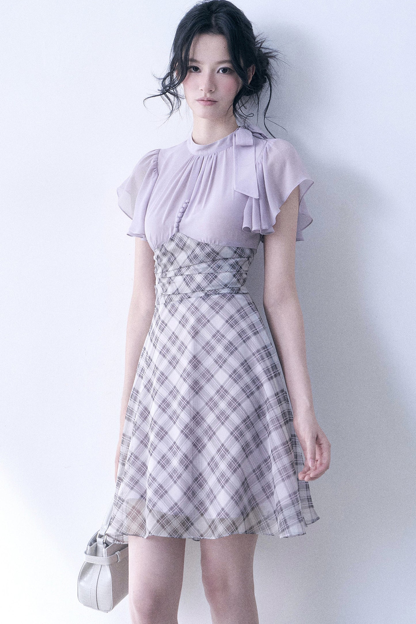 Lavender Plaid Flutter Sleeve Dress