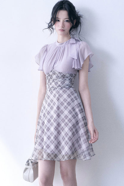 Lavender Plaid Flutter Sleeve Dress