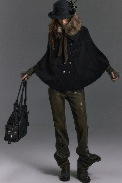Detachable Fur Collar Cable Knit Cape