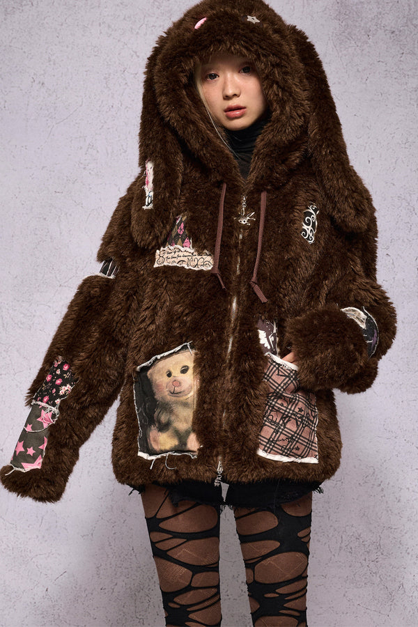 Patchwork Bunny Print Fur Jacket
