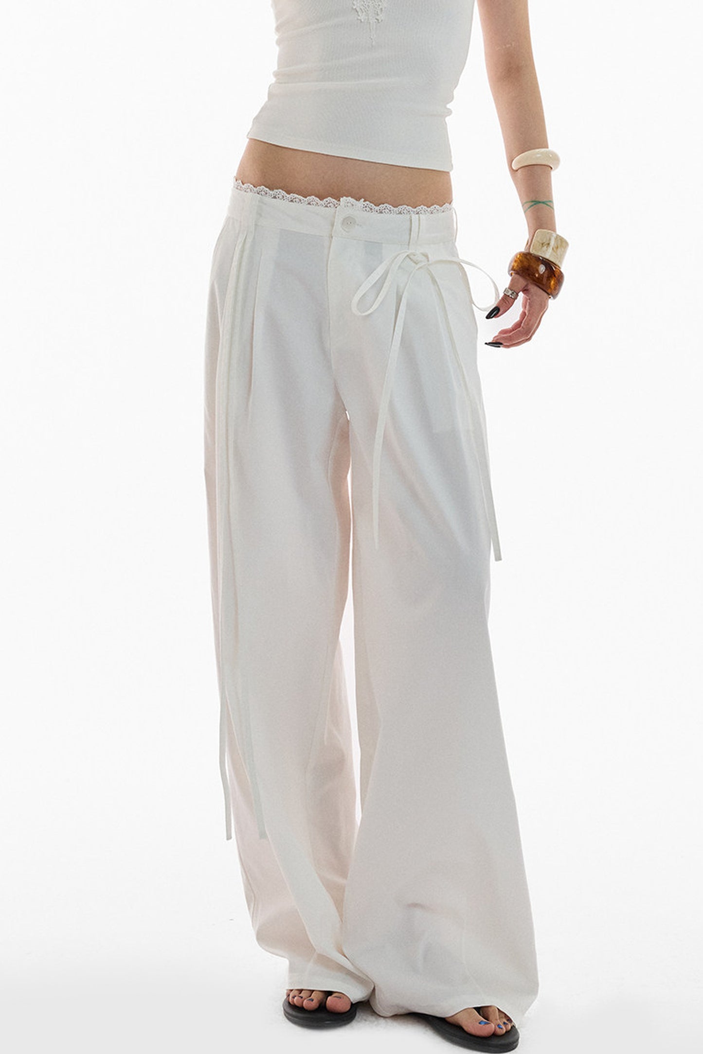 Lace Trim Pima Cotton Wide Leg Pants