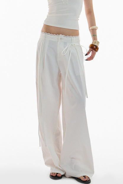Lace Trim Pima Cotton Wide Leg Pants