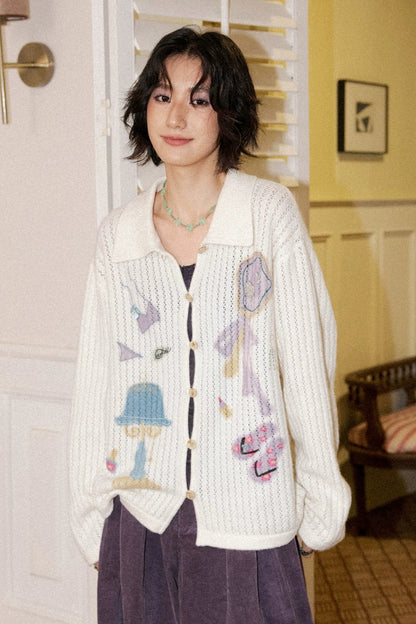 Perforated Long-Sleeved Vertical Stripe Printed Knit Set-Up