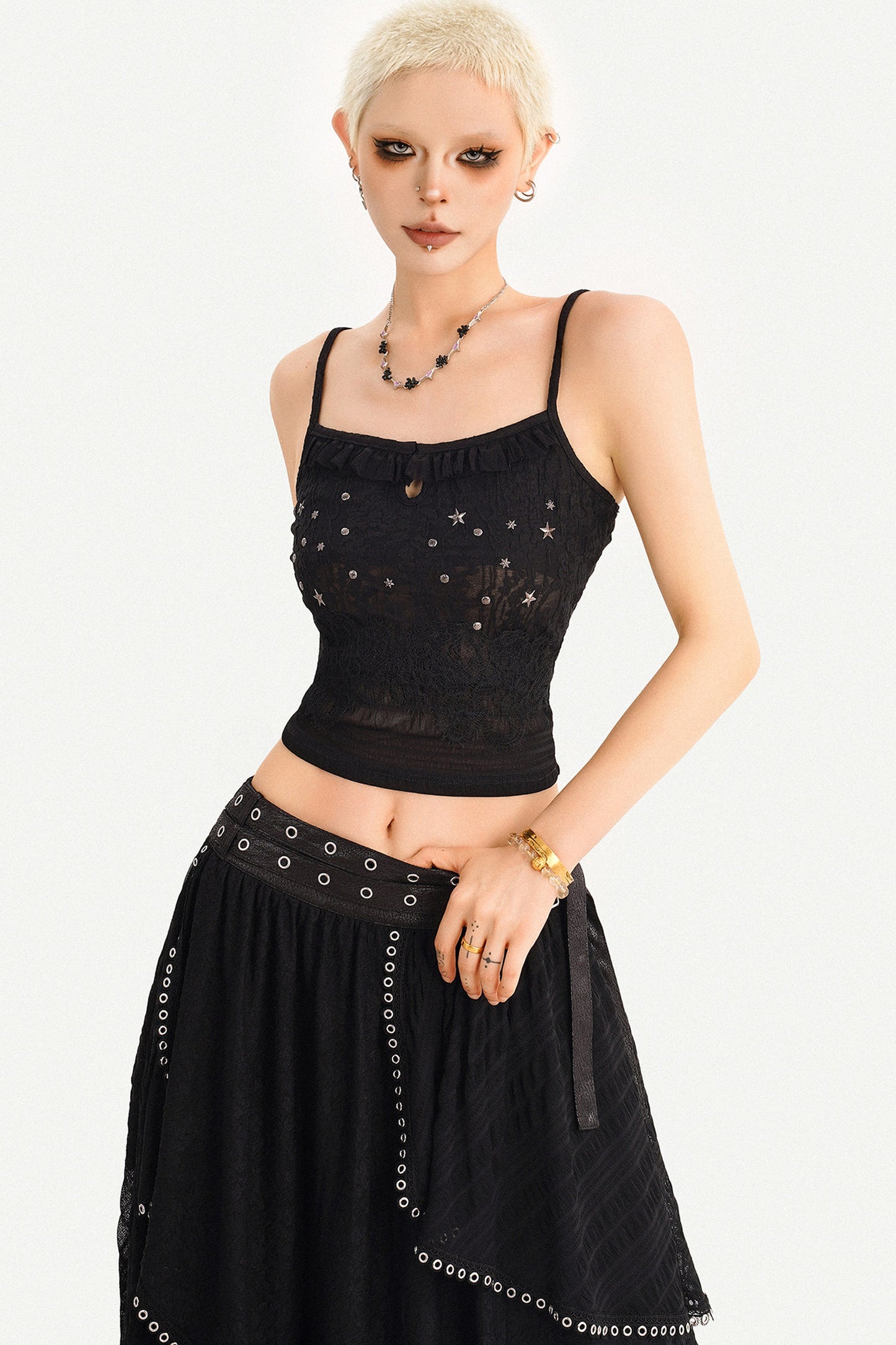 Star Embellished Camisole Cardigan And Long Skirt Set-Up