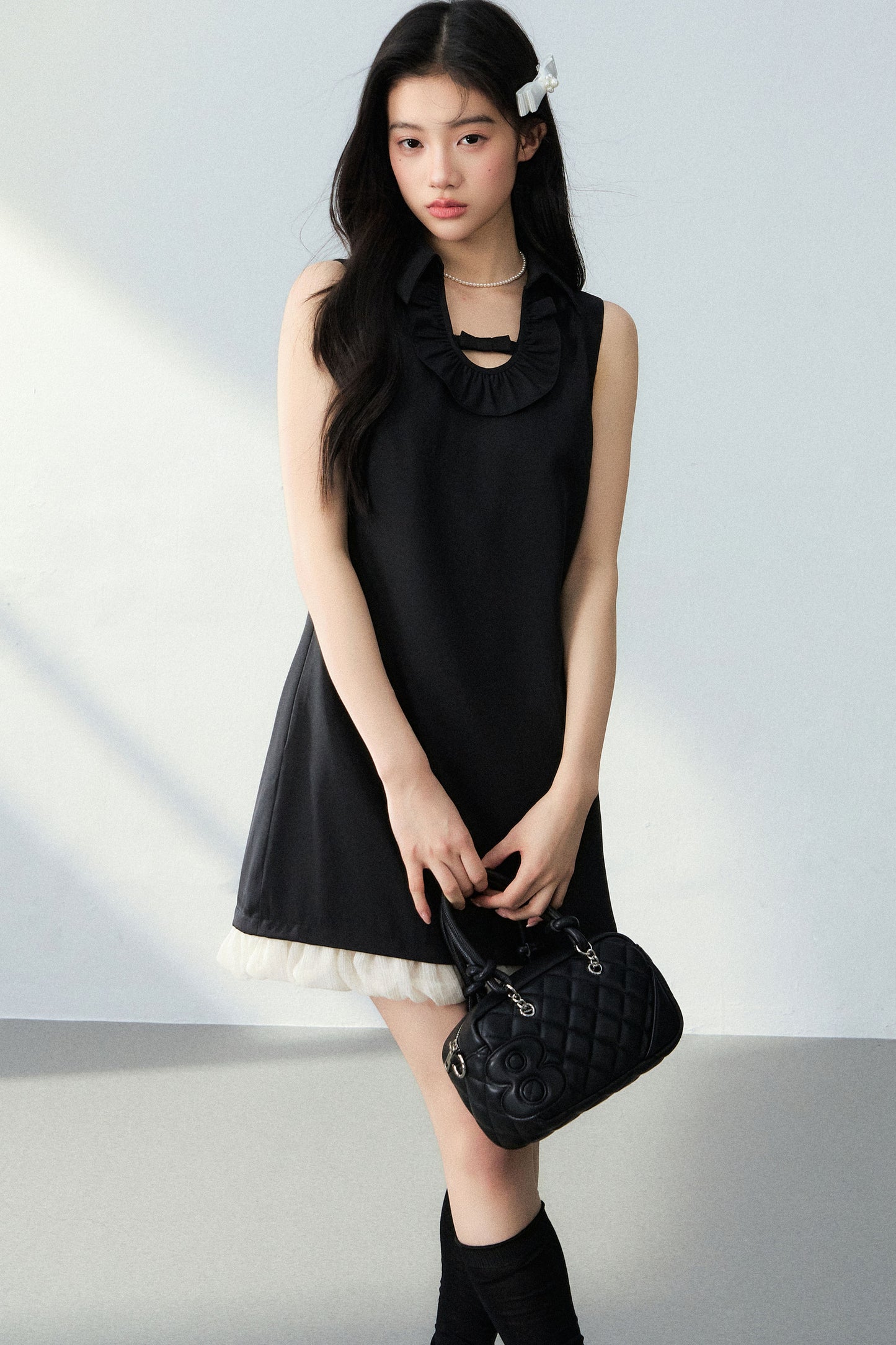 Bowknot Ruffle A-Line Black Dress