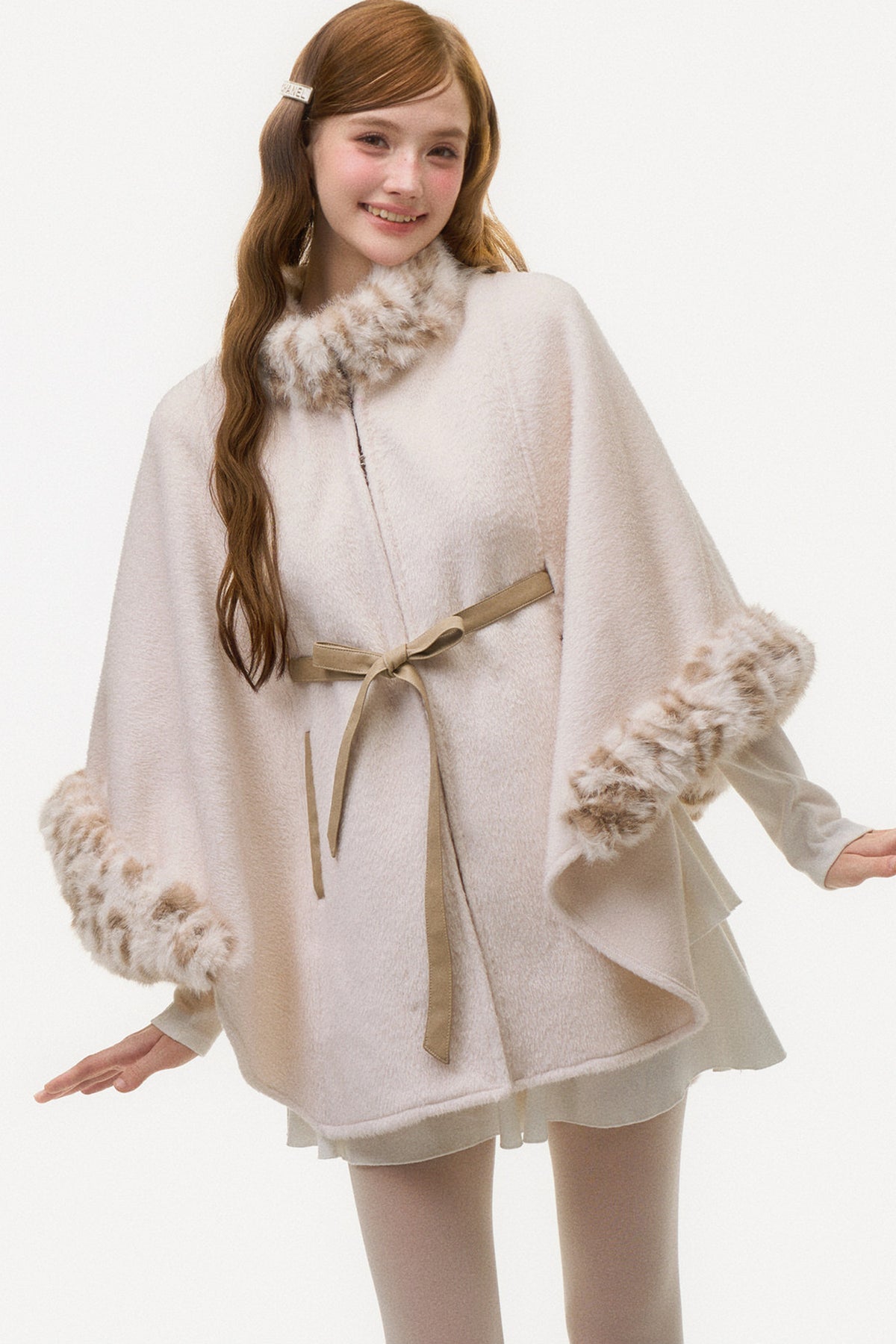 Leopard Print Fur Spliced Wool Cape