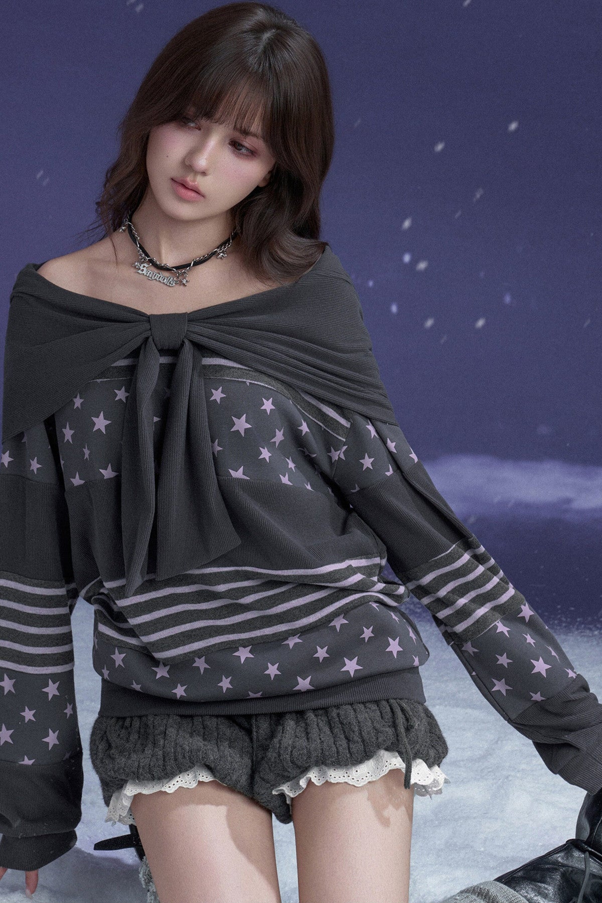 Star Patchwork Bowknot One-Shoulder Hooded Sweatshirt