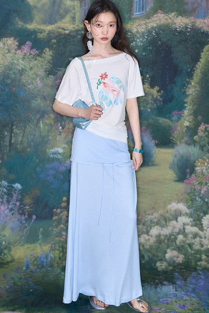 Mint Bird Print Off-Shoulder Ruched Top