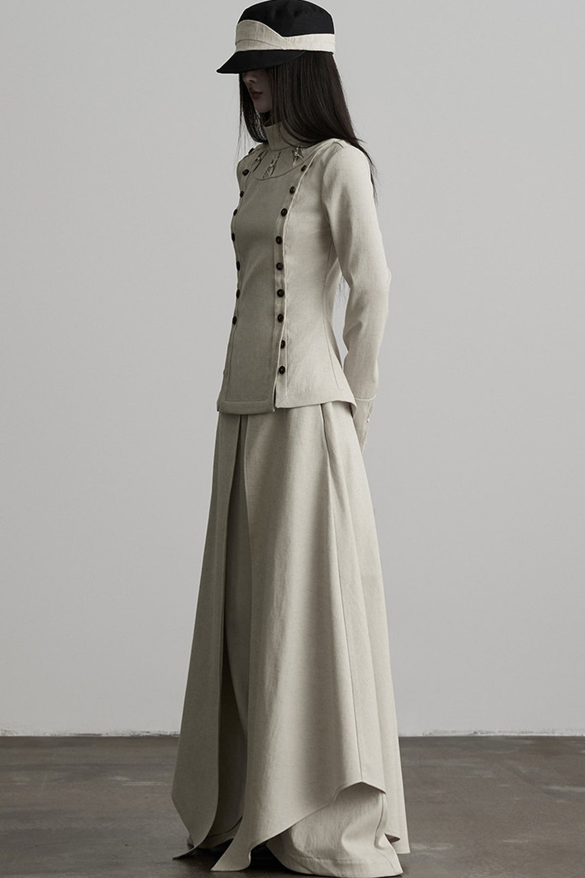 French Linen Blend Layered-Look Wide-Leg Pants