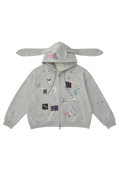Bunny Ear Rhinestone Sticker Sweat Jacket