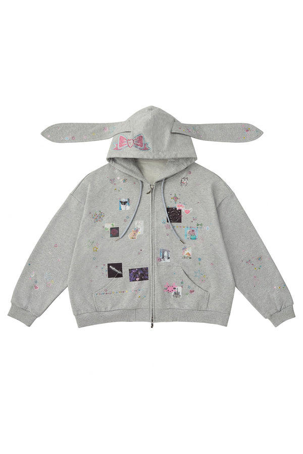 Bunny Ear Rhinestone Sticker Sweat Jacket