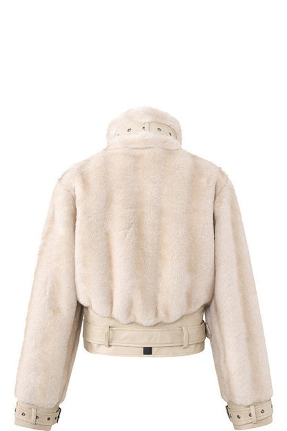 Imitation Mink Fur PU Leather Splicing Jacket