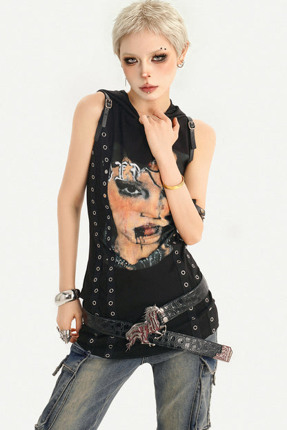 Punk Rivet Printed Hooded Dress